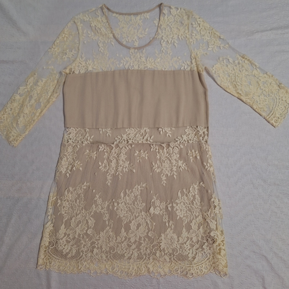 MASON Cream and Tan Long Sleeve Sheath Dress